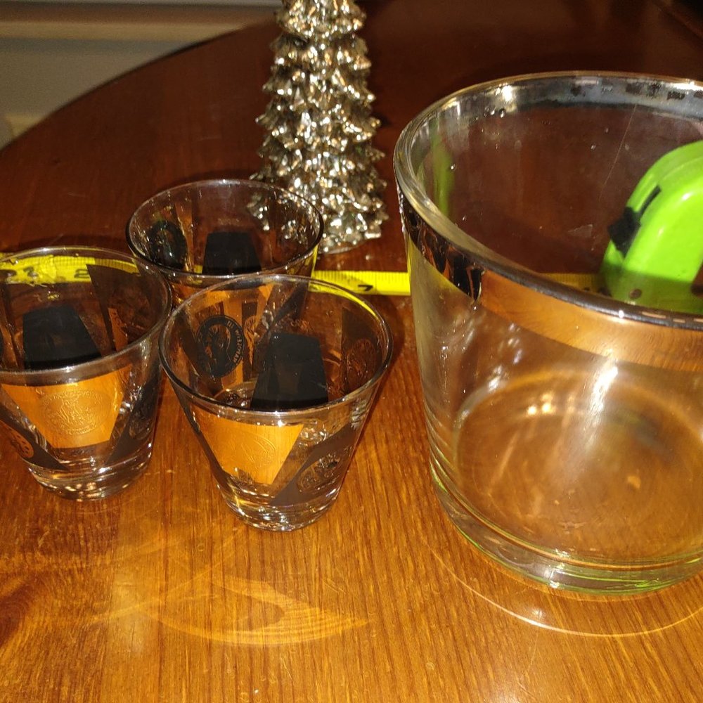 Rare Vintage Mid Century Modern 3 Shot Glasses and Ice Bowl with Silver Trim
